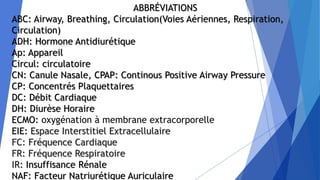 ABBRÉVIATIONS
ABC: Airway, Breathing, Circulation(Voies Aériennes, Respiration,
Circulation)
ADH: Hormone Antidiurétique
Ap: Appareil
Circul: circulatoire
CN: Canule Nasale, CPAP: Continous Positive Airway Pressure
CP: Concentrés Plaquettaires
DC: Débit Cardiaque
DH: Diurèse Horaire
ECMO: oxygénation à membrane extracorporelle
EIE: Espace Interstitiel Extracellulaire
FC: Fréquence Cardiaque
FR: Fréquence Respiratoire
IR: Insuffisance Rénale
NAF: Facteur Natriurétique Auriculaire
 
