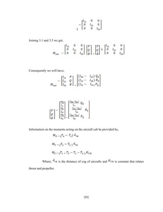I
Joining 3.1 and 3.5 we get,
+
Consequently we will have,
+
Information on the moments acting on the aircraft cab be provided by,
= (
= ( )
= ( + )
Where, is the distance of cog of aircrafts and is constant that relates
thrust and propeller.
[55]
 