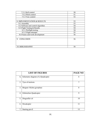 7.5.1 Roll control 50
7.5.2 Pitch control 51
7.5.3 Yaw control 52
8. IMPLEMENTATION & RESULTS 53
8.1 Assembly 53
8.2 Software and control algorithm 54
8.3 Flight Testing & Results 54
8.3.1 Preflight testing 54
8.3.2 Flight attempts 55
8.4 Future and work development 56
9. CONLUSION 56
10. BIBLOGRAPHY 58
LIST OF FIGURSS PAGE NO
1. Schematic diagram of a Quadcopter 6
2. Tyes of motions 7
3. Breguet- Richet gyroplane 8
4. Oehmichen Quadcopter 9
5. Dragonfler x4 10
6. Hexakopter 11
7. Starting pro-E 13
[9]
 