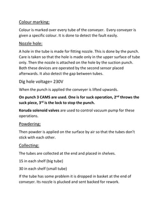 Colour marking:
Colour is marked over every tube of the conveyer. Every conveyer is
given a specific colour. It is done to detect the fault easily.
Nozzle hole:
A hole in the tube is made for fitting nozzle. This is done by the punch.
Care is taken so that the hole is made only in the upper surface of tube
only. Then the nozzle is attached on the hole by the suction punch.
Both these devices are operated by the second sensor placed
afterwards. It also detect the gap between tubes.
Dig hole voltage= 230V
When the punch is applied the conveyer is lifted upwards.
On punch 3 CAMS are used. One is for suck operation, 2nd throws the
suck piece, 3rd is the lock to stop the punch.
Koruda solenoid valves are used to control vacuum pump for these
operations.
Powdering:
Then powder is applied on the surface by air so that the tubes don’t
stick with each other.
Collecting:
The tubes are collected at the end and placed in shelves.
15 in each shelf (big tube)
30 in each shelf (small tube)
If the tube has some problem it is dropped in basket at the end of
conveyer. Its nozzle is plucked and sent backed for rework.
 