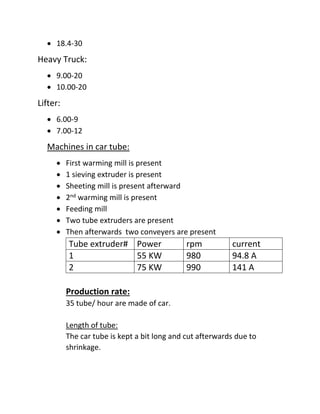  18.4-30
Heavy Truck:
 9.00-20
 10.00-20
Lifter:
 6.00-9
 7.00-12
Machines in car tube:
 First warming mill is present
 1 sieving extruder is present
 Sheeting mill is present afterward
 2nd warming mill is present
 Feeding mill
 Two tube extruders are present
 Then afterwards two conveyers are present
Tube extruder# Power rpm current
1 55 KW 980 94.8 A
2 75 KW 990 141 A
Production rate:
35 tube/ hour are made of car.
Length of tube:
The car tube is kept a bit long and cut afterwards due to
shrinkage.
 