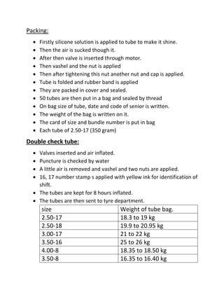 Packing:
 Firstly silicone solution is applied to tube to make it shine.
 Then the air is sucked though it.
 After then valve is inserted through motor.
 Then vashel and the nut is applied
 Then after tightening this nut another nut and cap is applied.
 Tube is folded and rubber band is applied
 They are packed in cover and sealed.
 50 tubes are then put in a bag and sealed by thread
 On bag size of tube, date and code of senior is written.
 The weight of the bag is written on it.
 The card of size and bundle number is put in bag
 Each tube of 2.50-17 (350 gram)
Double check tube:
 Valves inserted and air inflated.
 Puncture is checked by water
 A little air is removed and vashel and two nuts are applied.
 16, 17 number stamp s applied with yellow ink for identification of
shift.
 The tubes are kept for 8 hours inflated.
 The tubes are then sent to tyre department.
size Weight of tube bag.
2.50-17 18.3 to 19 kg
2.50-18 19.9 to 20.95 kg
3.00-17 21 to 22 kg
3.50-16 25 to 26 kg
4.00-8 18.35 to 18.50 kg
3.50-8 16.35 to 16.40 kg
 