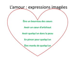 L’amour : expressions imagées
Être un bourreau des cœurs
Avoir un cœur d’artichaut
Avoir quelqu’un dans la peau
En pincer pour quelqu’un
Être mordu de quelqu’un
 
