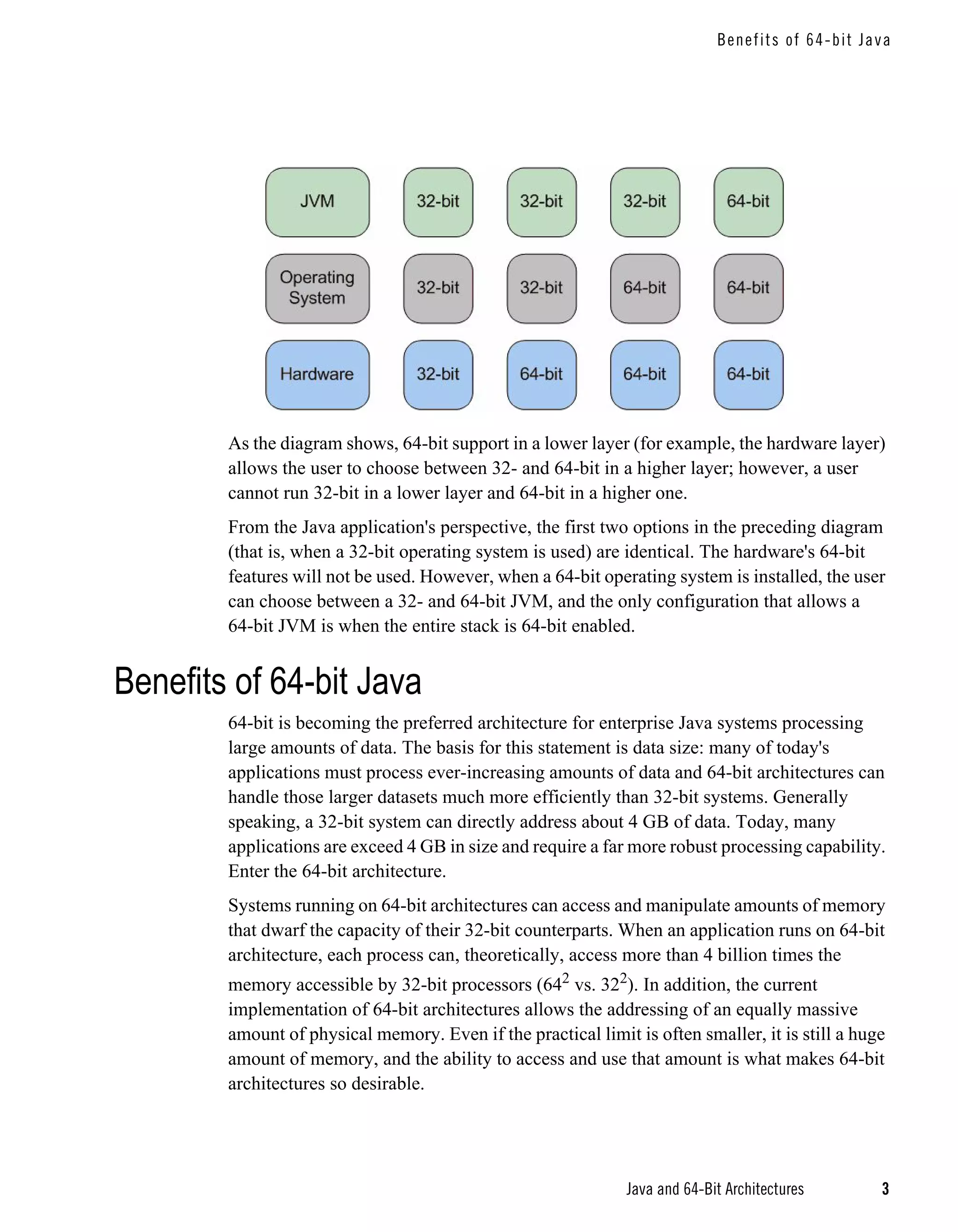 Benefits of 64-bit Ja va




        As the diagram shows, 64-bit support in a lower layer (for example, the hardware layer)
        allows the user to choose between 32- and 64-bit in a higher layer; however, a user
        cannot run 32-bit in a lower layer and 64-bit in a higher one.
        From the Java application's perspective, the first two options in the preceding diagram
        (that is, when a 32-bit operating system is used) are identical. The hardware's 64-bit
        features will not be used. However, when a 64-bit operating system is installed, the user
        can choose between a 32- and 64-bit JVM, and the only configuration that allows a
        64-bit JVM is when the entire stack is 64-bit enabled.


Benefits of 64-bit Java
        64-bit is becoming the preferred architecture for enterprise Java systems processing
        large amounts of data. The basis for this statement is data size: many of today's
        applications must process ever-increasing amounts of data and 64-bit architectures can
        handle those larger datasets much more efficiently than 32-bit systems. Generally
        speaking, a 32-bit system can directly address about 4 GB of data. Today, many
        applications are exceed 4 GB in size and require a far more robust processing capability.
        Enter the 64-bit architecture.
        Systems running on 64-bit architectures can access and manipulate amounts of memory
        that dwarf the capacity of their 32-bit counterparts. When an application runs on 64-bit
        architecture, each process can, theoretically, access more than 4 billion times the
        memory accessible by 32-bit processors (642 vs. 322). In addition, the current
        implementation of 64-bit architectures allows the addressing of an equally massive
        amount of physical memory. Even if the practical limit is often smaller, it is still a huge
        amount of memory, and the ability to access and use that amount is what makes 64-bit
        architectures so desirable.




                                                               Java and 64-Bit Architectures       3
 