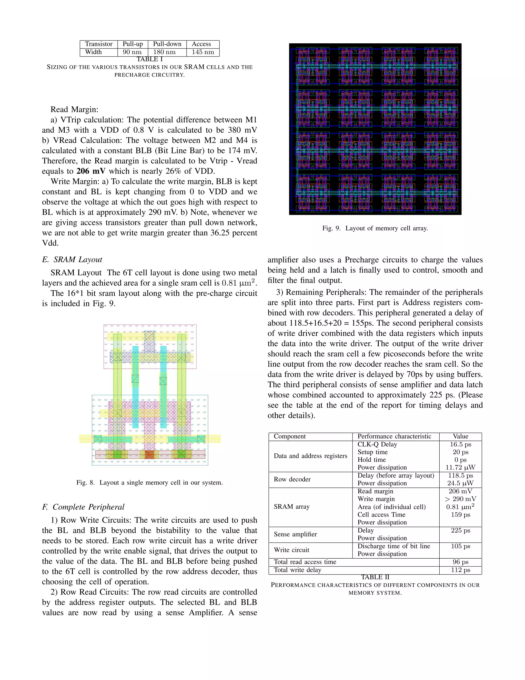 Transistor Pull-up Pull-down Access
Width 90 nm 180 nm 145 nm
TABLE I
SIZING OF THE VARIOUS TRANSISTORS IN OUR SRAM CELLS AND THE
PRECHARGE CIRCUITRY.
Read Margin:
a) VTrip calculation: The potential difference between M1
and M3 with a VDD of 0.8 V is calculated to be 380 mV
b) VRead Calculation: The voltage between M2 and M4 is
calculated with a constant BLB (Bit Line Bar) to be 174 mV.
Therefore, the Read margin is calculated to be Vtrip - Vread
equals to 206 mV which is nearly 26% of VDD.
Write Margin: a) To calculate the write margin, BLB is kept
constant and BL is kept changing from 0 to VDD and we
observe the voltage at which the out goes high with respect to
BL which is at approximately 290 mV. b) Note, whenever we
are giving access transistors greater than pull down network,
we are not able to get write margin greater than 36.25 percent
Vdd.
E. SRAM Layout
SRAM Layout The 6T cell layout is done using two metal
layers and the achieved area for a single sram cell is 0.81 µm2
.
The 16*1 bit sram layout along with the pre-charge circuit
is included in Fig. 9.
Fig. 8. Layout a single memory cell in our system.
F. Complete Peripheral
1) Row Write Circuits: The write circuits are used to push
the BL and BLB beyond the bistability to the value that
needs to be stored. Each row write circuit has a write driver
controlled by the write enable signal, that drives the output to
the value of the data. The BL and BLB before being pushed
to the 6T cell is controlled by the row address decoder, thus
choosing the cell of operation.
2) Row Read Circuits: The row read circuits are controlled
by the address register outputs. The selected BL and BLB
values are now read by using a sense Ampliﬁer. A sense
Fig. 9. Layout of memory cell array.
ampliﬁer also uses a Precharge circuits to charge the values
being held and a latch is ﬁnally used to control, smooth and
ﬁlter the ﬁnal output.
3) Remaining Peripherals: The remainder of the peripherals
are split into three parts. First part is Address registers com-
bined with row decoders. This peripheral generated a delay of
about 118.5+16.5+20 = 155ps. The second peripheral consists
of write driver combined with the data registers which inputs
the data into the write driver. The output of the write driver
should reach the sram cell a few picoseconds before the write
line output from the row decoder reaches the sram cell. So the
data from the write driver is delayed by 70ps by using buffers.
The third peripheral consists of sense ampliﬁer and data latch
whose combined accounted to approximately 225 ps. (Please
see the table at the end of the report for timing delays and
other details).
Component Performance characteristic Value
Data and address registers
CLK-Q Delay 16.5 ps
Setup time 20 ps
Hold time 0 ps
Power dissipation 11.72 µW
Row decoder
Delay (before array layout) 118.5 ps
Power dissipation 24.5 µW
SRAM array
Read margin 206 mV
Write margin > 290 mV
Area (of individual cell) 0.81 µm2
Cell access Time 159 ps
Power dissipation
Sense ampliﬁer
Delay 225 ps
Power dissipation
Write circuit
Discharge time of bit line 105 ps
Power dissipation
Total read access time 96 ps
Total write delay 112 ps
TABLE II
PERFORMANCE CHARACTERISTICS OF DIFFERENT COMPONENTS IN OUR
MEMORY SYSTEM.
 