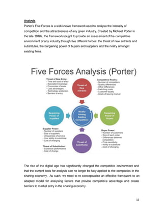 15
Analysis
Porter’s Five Forces is a well-known framework used to analyse the intensity of
competition and the attractiveness of any given industry. Created by Michael Porter in
the late 1970s, the framework sought to provide an assessment of the competitive
environment of any industry through five different forces: the threat of new entrants and
substitutes, the bargaining power of buyers and suppliers and the rivalry amongst
existing firms.
The rise of the digital age has significantly changed the competitive environment and
that the current tools for analysis can no longer be fully applied to the companies in the
sharing economy. As such, we need to re-conceptualise an effective framework to an
adapted model for analysing factors that provide competitive advantage and create
barriers to market entry in the sharing economy.
 