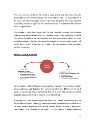 21
From an economic standpoint, the benefit of surge pricing was that consumers, who
placed optimum value on the available rides, received those rides. The second benefit of
the surge was that driver supply increased 2x during this period. The surge algorithm
successfully allocates a higher per-hour income to drivers in order to lure them towards
areas of high-demand.
Uber’s ability to match their demand with the data they collect enables them to deliver
more accurate and efficient experiences. The focus on the pricing strategy employed by
Uber serves to reinforce the hard approach they took in expansion. Given the many
similarities between these two companies, the analysis of their competitive situation will
identify factors which factors were so crucial in the race between these seemingly,
identical companies.
Venture Capital & Scalability
Venture capital in Silicon Valley has had a significant impact on the competitive situation
between Uber and Lyft. Together, they have combined to raise $11bn over the last 8
years, an astonishing amount considering that out of every 100 businesses venture
capitalists assess, they invest in only one or two (Rao, 2013).
In January 2016, Uber received a financing round from Chinese private equity firms for
$2bn at $48bn valuation. Seemingly, Uber are gathering investors from around the world
- Russian oligarch, Mikhail Fridman recently invested $200m - in order to expand into
new markets. The difference in the level of funding reflects in Uber’s significant
 