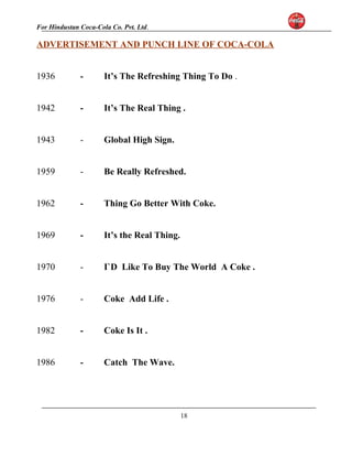 For Hindustan Coca-Cola Co. Pvt. Ltd. 
ADVERTISEMENT AND PUNCH LINE OF COCA-COLA 
1936 - It’s The Refreshing Thing To Do . 
1942 - It’s The Real Thing . 
1943 - Global High Sign. 
1959 - Be Really Refreshed. 
1962 - Thing Go Better With Coke. 
1969 - It’s the Real Thing. 
1970 - I`D Like To Buy The World A Coke . 
1976 - Coke Add Life . 
1982 - Coke Is It . 
1986 - Catch The Wave. 
18 
 