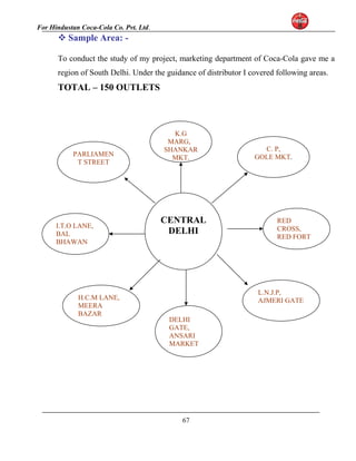 For Hindustan Coca-Cola Co. Pvt. Ltd. 
Sample Area: - 
To conduct the study of my project, marketing department of Coca-Cola gave me a 
region of South Delhi. Under the guidance of distributor I covered following areas. 
TOTAL – 150 OUTLETS 
K.G 
MARG, 
SHANKAR 
MKT. 
CENTRAL 
DELHI 
67 
C. P, 
GOLE MKT. 
RED 
CROSS, 
RED FORT 
L.N.J.P, 
PARLIAMEN 
T STREET 
I.T.O LANE, 
BAL 
BHAWAN 
H.C.M LANE, AJMERI GATE 
MEERA 
BAZAR 
DELHI 
GATE, 
ANSARI 
MARKET 
 