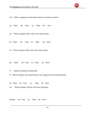 For Hindustan Coca-Cola Co. Pvt. Ltd. 
(iii) Which company provides better option for marketing scheme: 
(a) Pepsi (b) Coke (c) Both (d) none 
(iv) Which company offers other more trade scheme: 
(a) Pepsi (b) Coke (c) Both (d) None 
(v) Which company offers more value trade scheme: 
(a) Pepsi (b) Coke (c) Both (d) None 
11. Regular satisfaction relationship: 
(i) Which company route agent behaves more supportively and professionally: 
(a) Pepsi (b) Coke (c) Both (d) None 
(ii) Which company official visits more frequently: 
(a)Pepsi (b) Coke (c) Both (d) None 
93 
 