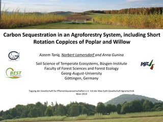 Carbon Sequestration in an Agroforestry System, including Short
Rotation Coppices of Poplar and Willow
Azeem Tariq, Norbert Lamersdorf and Anna Gunina
Soil Science of Temperate Ecosystems, Büsgen-Institute
Faculty of Forest Sciences and Forest Ecology
Georg-August-University
Göttingen, Germany
Tagung der Gesellschaft für Pflanzenbauwissenschaften e.V. mit der Max-Eyth-Gesellschaft Agrartechnik
Wien 2014
 