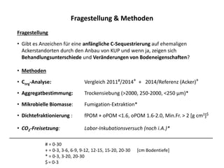 Fragestellung & Methoden
Fragestellung
• Gibt es Anzeichen für eine anfängliche C-Sequestrierung auf ehemaligen
Ackerstandorten durch den Anbau von KUP und wenn ja, zeigen sich
Behandlungsunterschiede und Veränderungen von Bodeneigenschaften?
• Methoden
• Corg-Analyse: Vergleich 2011#/2014+ + 2014/Referenz (Acker)+
• Aggregatbestimmung: Trockensiebung (>2000, 250-2000, <250 µm)*
• Mikrobielle Biomasse: Fumigation-Extraktion*
• Dichtefraktionierung : fPOM + oPOM <1.6, oPOM 1.6-2.0, Min.Fr. > 2 [g cm3]$
• CO2-Freisetzung: Labor-Inkubationsversuch (noch i.A.)*
# = 0-30
+ = 0-3, 3-6, 6-9, 9-12, 12-15, 15-20, 20-30 [cm Bodentiefe]
* = 0-3, 3-20, 20-30
$= 0-3
 