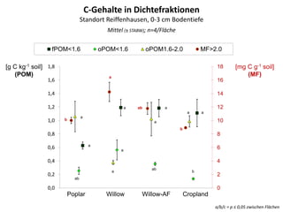 0
2
4
6
8
10
12
14
16
18
0,0
0,2
0,4
0,6
0,8
1,0
1,2
1,4
1,6
1,8
fPOM<1.6 oPOM<1.6 oPOM1.6-2.0 MF>2.0
Poplar Willow Willow-AF Cropland
b
a
a
a
a
a
ab
a
a
aa
b
ab
ab
a
b
[mg C g-1 soil]
(MF)
[g C kg-1 soil]
(POM)
C-Gehalte in Dichtefraktionen
Standort Reiffenhausen, 0-3 cm Bodentiefe
Mittel (± STABW); n=4/Fläche
a/b/c = p ≤ 0,05 zwischen Flächen
 