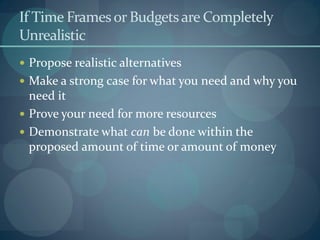 If Time Framesor Budgetsare Completely
Unrealistic
 Propose realistic alternatives
 Make a strong case for what you need and why you
need it
 Prove your need for more resources
 Demonstrate what can be done within the
proposed amount of time or amount of money
 