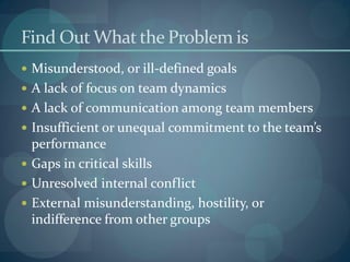Find Out What the Problem is
 Misunderstood, or ill-defined goals
 A lack of focus on team dynamics
 A lack of communication among team members
 Insufficient or unequal commitment to the team’s
performance
 Gaps in critical skills
 Unresolved internal conflict
 External misunderstanding, hostility, or
indifference from other groups
 