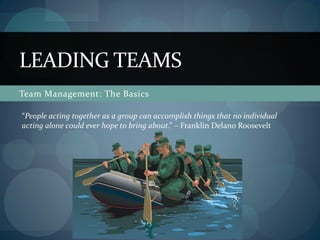 Team Management: The Basics
LEADING TEAMS
“People acting together as a group can accomplish things that no individual
acting alone could ever hope to bring about.” – Franklin Delano Roosevelt
 