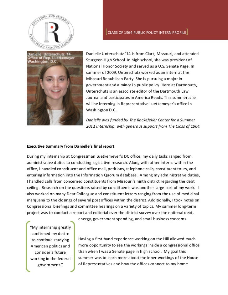 named internship profile summary danielle unterschutz class of 196 internship profile
