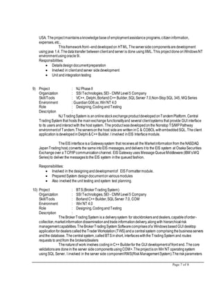 Page 7 of 8
USA. Theprojectmaintainsaknowledgebaseof employmentassistance programs,citizeninformation,
expenses,etc..
Thisframeworkfront–enddevelopedon HTML.Theserversidecomponentsaredevelopment
usingjava 1.4. Thedatatransfer betweenclientandserver is done usingXML.This projectdoneonWindowsNT
environmentusingoracle 9i.
Responsibilities:
 Detailsdesigndocumentpreparation
 Involved in clientandserver sidedevelopment
 Unit andintegrationtesting
9) Project : NJ PhaseII
Organization : SSI Technologies,SEI- CMM Level5 Company
Skill/Tools : VC++, Delphi,Borland C++ Builder,SQLServer 7.0,Non-StopSQL 345, MQ Series
Environment : GuardianG06.xx,Win’NT 4.0
Role : Designing,CodingandTesting
Description :
NJ TradingSystem is anonlinestockexchangeproductdevelopedonTandemPlatform.Central
TradingSystem that hosts the mainexchange functionalityand several clientsystems that provide GUI interface
to its users andinteractwith the host system. The productwasdevelopedonthe Nonstop TS/MPPathway
environmentof Tandem.Theserversonthe host sideare written inC & COBOLwithembeddedSQL.Theclient
applicationisdevelopedinDelphi&C++ Builder. I involved inEIS Interfacemodule.
TheEIS interfaceisa Gatewaysystem that receivesall the Marketinformationfrom theNASDAQ
JapanTradinghost,converts the sameintoEIS messages,anddelivers it to the EIS system at OsakaSecurities
Exchangeover a TCP/IPcommunicationchannel. EIS Gateway uses MessageQueueMiddleware(IBM’sMQ
Series)to deliver the messagestothe EIS system inthe queuedfashion.
Responsibilities:
 Involved in the designinganddevelopmentof EIS Formattermodule.
 PreparedSystem designdocumentonvariousmodules
 Also involved the unit testing andsystem test planning.
10) Project : BTS(BrokerTradingSystem)
Organization : SSI Technologies,SEI- CMM Level5 Company
Skill/Tools : BorlandC++ Builder,SQLServer 7.0, COM
Environment : Win’NT 4.0
Role : Designing,CodingandTesting
Description :
TheBrokerTradingSystem is a deliverysystem for stockbrokersanddealers,capableoforder-
collection,marketinformationdisseminationandtradeinformationdelivery,alongwith hierarchicalrisk
managementcapabilities.TheBrokerTradingSystem Softwarecomprisesofa WindowsbasedGUI desktop
applicationfordealerscalledtheTrader Workstation(TWS)anda centralsystem comprisingthebusinessservers
andthe database. Thecentralsystem,calledBTSinshort, interfaceswiththe TradingSystem and routes
requests to andfrom the brokers/dealers
Thenatureof work involves codinginC++ Builderfor the GUI developmentof front end. Thecore
validationsare donein the server sidecomponentsusingCOM+.TheprojectisonWin’NT operatingsystem
usingSQL Server. I involved in the server side componentRMS(RiskManagementSystem).Theriskparameters
 