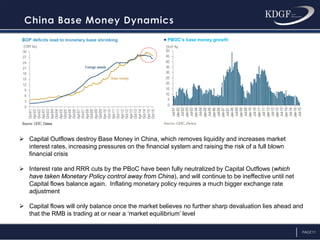 PAGE11
 Capital Outflows destroy Base Money in China, which removes liquidity and increases market
interest rates, increasing pressures on the financial system and raising the risk of a full blown
financial crisis
 Interest rate and RRR cuts by the PBoC have been fully neutralized by Capital Outflows (which
have taken Monetary Policy control away from China), and will continue to be ineffective until net
Capital flows balance again. Inflating monetary policy requires a much bigger exchange rate
adjustment
 Capital flows will only balance once the market believes no further sharp devaluation lies ahead and
that the RMB is trading at or near a ‘market equilibrium’ level
 