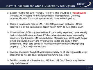PAGE16
 Expect RMB to fall 20%+ vs USD (to 8.0+) This would be a ‘Reset Event’
Globally: All forecasts for Inflation/deflation, Interest Rates, Currency
crosses, Growth, Commodity prices would have to be ripped up.
 There is no place to hide in EM…1997-98 type crash probable…China
today is 1.6-2x the size Asia ex-Japan was in 1997 as % of global GDP
 1st derivatives of China (commodities & commodity exporters) have already
had substantial losses, as have 2nd derivatives (currencies of commodity
exporters, EM Equities, EM focused Asset Management, MNC’s with heavy
China exposure), but 3rd and 4th derivative trades are early in their
corrections. High beta assets at historically high valuations (Hong Kong
property….) face major corrections
 Investor liquidation from EM will indiscriminately hit all EM risk assets, even
those that do not sell to, or compete with China (i.e. India)
 DM Risk assets all vulnerable too. US$ and US Gov’t Bonds may be the
only ‘safe havens’.
 