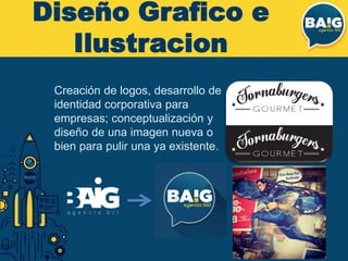 Creación de logos, desarrollo de
identidad corporativa para
empresas; conceptualización y
diseño de una imagen nueva o
bien para pulir una ya existente.
Diseño Grafico e
Ilustracion
 