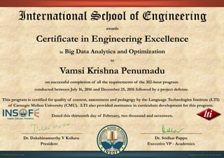 International School of Engineering
awards
Certificate in Engineering Excellence
in Big Data Analytics and Optimization
to
Vamsi Krishna Penumadu
on successful completion of all the requirements of the 352-hour program
conducted between July 16, 2016 and December 25, 2016 followed by a project defense.
This program is certified for quality of content, assessment and pedagogy by the Language Technologies Institute (LTI)
of Carnegie Mellon University (CMU). LTI also provided assistance in curriculum development for this program.
Dated this thirteenth day of February, two thousand and seventeen.
Dr. Dakshinamurthy V Kolluru Dr. Sridhar Pappu
President Executive VP - Academics
01CSE03/201612/848 Program details are on the back
 