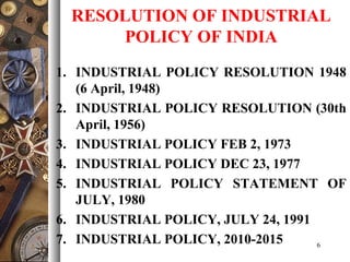 RESOLUTION OF INDUSTRIAL
POLICY OF INDIA
1. INDUSTRIAL POLICY RESOLUTION 1948
(6 April, 1948)
2. INDUSTRIAL POLICY RESOLUTION (30th
April, 1956)
3. INDUSTRIAL POLICY FEB 2, 1973
4. INDUSTRIAL POLICY DEC 23, 1977
5. INDUSTRIAL POLICY STATEMENT OF
JULY, 1980
6. INDUSTRIAL POLICY, JULY 24, 1991
7. INDUSTRIAL POLICY, 2010-2015 6
 