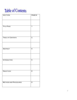 2
SECTION PAGE #
TITLE PAGE 1
TABLE OF CONTENTS 2
ABSTRACT 4
INTRODUCTION 5
OBJECTIVES 8
METHODS AND PROCEDURES 9
 