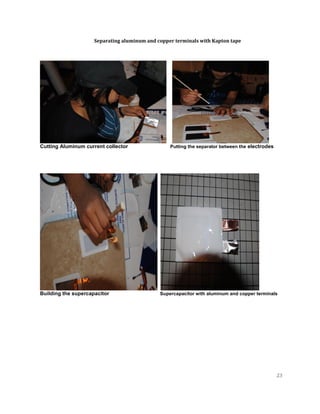 23
Separating aluminum and copper terminals with Kapton tape
Cutting Aluminum current collector Putting the separator between the electrodes
Building the supercapacitor Supercapacitor with aluminum and copper terminals
 