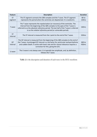 6 | 2 0 1 0
Feature Description Duration
ST
segment
The ST segment connects the QRS complex and the T wave. The ST segment
represents the period when the ventricles are depolarized. It is isoelectric.
80 to
120ms
T wave
The T wave represents the repolarization (or recovery) of the ventricles. The
interval from the beginning of the QRS complex to the apex of the T wave is
referred to as the absolute refractory period. The last half of the T wave is referred
to as the relative refractory period (or vulnerable period).
160ms
ST
interval
The ST interval is measured from the J point to the end of the T wave. 320ms
QT
interval
The QT interval is measured from the beginning of the QRS complex to the end of
the T wave. A prolonged QT interval is a risk factor for ventricular tachyarrhythmia
and sudden death. It varies with heart rate and for clinical relevance requires a
correction for this, giving the QTc.
300 to
430ms
U wave
The U wave is not always seen. It is typically low amplitude, and, by definition,
follows the T wave.
Table 2.1: the description and duration of each wave in the ECG waveform
 