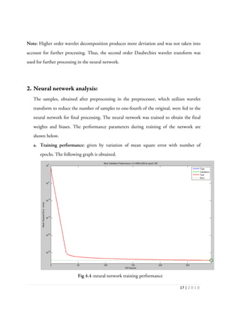 17 | 2 0 1 0
Note: Higher order wavelet decomposition produces more deviation and was not taken into
account for further processing. Thus, the second order Daubechies wavelet transform was
used for further processing in the neural network.
2. Neural network analysis:
The samples, obtained after preprocessing in the preprocessor, which utilizes wavelet
transform to reduce the number of samples to one-fourth of the original, were fed to the
neural network for final processing. The neural network was trained to obtain the final
weights and biases. The performance parameters during training of the network are
shown below.
a. Training performance: given by variation of mean square error with number of
epochs. The following graph is obtained.
Fig 4.4 :neural network training performance
 