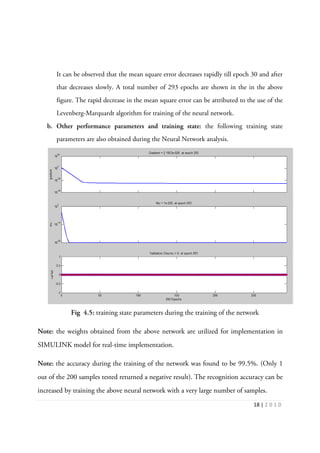 18 | 2 0 1 0
It can be observed that the mean square error decreases rapidly till epoch 30 and after
that decreases slowly. A total number of 293 epochs are shown in the in the above
figure. The rapid decrease in the mean square error can be attributed to the use of the
Levenberg-Marquardt algorithm for training of the neural network.
b. Other performance parameters and training state: the following training state
parameters are also obtained during the Neural Network analysis.
Fig 4.5: training state parameters during the training of the network
Note: the weights obtained from the above network are utilized for implementation in
SIMULINK model for real-time implementation.
Note: the accuracy during the training of the network was found to be 99.5%. (Only 1
out of the 200 samples tested returned a negative result). The recognition accuracy can be
increased by training the above neural network with a very large number of samples.
 