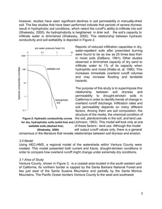 however, studies have seen significant declines in soil permeability in manually­dried                     
soil. The few studies that have been performed indicate that periods of severe dryness                           
result in hydrophobic soil conditions, which retard the runoff’s ability to infiltrate into soil                           
(Shakesby, 2000). As hydrophobicity is heightened in drier soil, the soil’s capacity to                         
infiltrate water is diminished (Shakesby, 2000). This relationship between ​hydraulic                   
conductivity and soil wettability is depicted in Figure 2. 
   
Reports of reduced infiltration capacities in dry,             
water­repellent soils after prescribed burning         
were found to be as low as 25 times less than                     
in moist soils (DeBano, 1991). Other studies             
observed a diminished capacity of dry sand to               
infiltrate water to 1% of its capacity when               
hydrophilic and moist (Wallis et. al. 1990). This               
increases immediate overland runoff volumes         
and may increase flooding and landslide           
hazards. 
   
The purpose of this study is to superimpose this                 
relationship between soil dryness and         
permeability to drought­stricken soils in         
California in order to identify trends of change in                 
overland runoff discharge. Infiltration rates and           
soil permeability depends on many different           
factors. Among them are soil composition, the             
structure of the media, the chemical condition of 
    ​Figure 2: Hydraulic conductivity curves    ​the soil, plants/animals in the soil, and land use 
for dry, hydrophobic soils (solid line) and ​(Johnson, 1963). This model will look only at one 
             wettable soils (dashed line).               ​of these factors ­ land use. Although the model  
(Shakesby, 2000) ​will output runoff values only, there is a general                       
consensus in the literature that reveals relationships between soil dryness and erosion.  
 
3.0 Model 
Using HEC­HMS, a regional model of the watersheds within Ventura County were                       
created. This model presented both current and future, drought­stricken conditions in                     
order to compare how overland runoff might change under extremely dry conditions.   
 
3.1 Area of Study 
Ventura County, shown in Figure 3, is a coastal area located in the south western part                               
of California. Its northern border is capped by the Santa Barbara National Forest and                           
lies just west of the Santa Susana Mountains and partially by the Santa Monica                           
Mountains. The Pacific Ocean borders Ventura County to the west and southwest  
2 
 