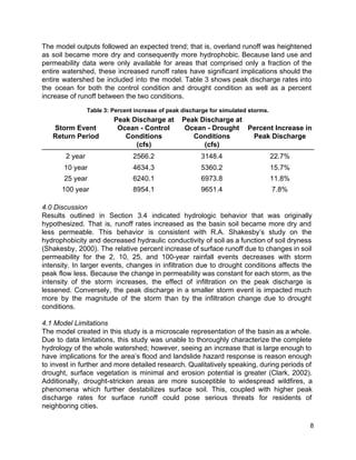 The model outputs followed an expected trend; that is, overland runoff was heightened                         
as soil became more dry and consequently more hydrophobic. Because land use and                         
permeability data were only available for areas that comprised only a fraction of the                           
entire watershed, these increased runoff rates have significant implications should the                     
entire watershed be included into the model. Table 3 shows peak discharge rates into                           
the ocean for both the control condition and drought condition as well as a percent                             
increase of runoff between the two conditions.  
 
Table 3: Percent increase of peak discharge for simulated storms. 
Storm Event 
Return Period  
Peak Discharge at 
Ocean ­ Control 
Conditions 
(cfs) 
Peak Discharge at 
Ocean ­ Drought 
Conditions 
(cfs) 
Percent Increase in 
Peak Discharge 
2 year  2566.2  3148.4  22.7% 
10 year  4634.3  5360.2  15.7% 
25 year    6240.1  6973.8  11.8% 
100 year  8954.1  9651.4  7.8% 
 
4.0 Discussion  
Results outlined in Section 3.4 indicated hydrologic behavior that was originally                     
hypothesized. That is, runoff rates increased as the basin soil became more dry and                           
less permeable. This behavior is consistent with R.A. Shakesby’s study on the                       
hydrophobicity and decreased hydraulic conductivity of soil as a function of soil dryness                         
(Shakesby, 2000). The relative percent increase of surface runoff due to changes in soil                           
permeability for the 2, 10, 25, and 100­year rainfall events decreases with storm                         
intensity. In larger events, changes in infiltration due to drought conditions affects the                         
peak flow less. Because the change in permeability was constant for each storm, as the                             
intensity of the storm increases, the effect of infiltration on the peak discharge is                           
lessened. Conversely, the peak discharge in a smaller storm event is impacted much                         
more by the magnitude of the storm than by the infiltration change due to drought                             
conditions. 
 
4.1 Model Limitations  
The model created in this study is a microscale representation of the basin as a whole.                               
Due to data limitations, this study was unable to thoroughly characterize the complete                         
hydrology of the whole watershed; however, seeing an increase that is large enough to                           
have implications for the area’s flood and landslide hazard response is reason enough                         
to invest in further and more detailed research. Qualitatively speaking, during periods of                         
drought, surface vegetation is minimal and erosion potential is greater (Clark, 2002).                       
Additionally, drought­stricken areas are more susceptible to widespread wildfires, a                   
phenomena which further destabilizes surface soil. This, coupled with higher peak                     
discharge rates for surface runoff could pose serious threats for residents of                       
neighboring cities.  
 
8 
 