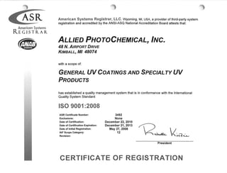 Allied PhotoChemical Iso Certificate