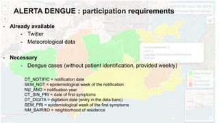 -  Already available
-  Twitter
-  Meteorological data
-  Necessary
-  Dengue cases (without patient identification, provided weekly)
DT_NOTIFIC = notification date
SEM_NOT = epidemiological week of the notification
NU_ANO = notification year
DT_SIN_PRI = date of first symptoms
DT_DIGITA = digitation date (entry in the data banc)
SEM_PRI = epidemiological week of the first symptoms
NM_BAIRRO = neighborhood of residence
ALERTA DENGUE : participation requirements
 