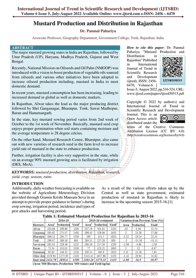 Mustard Production and Distribution in Rajasthan PDF
