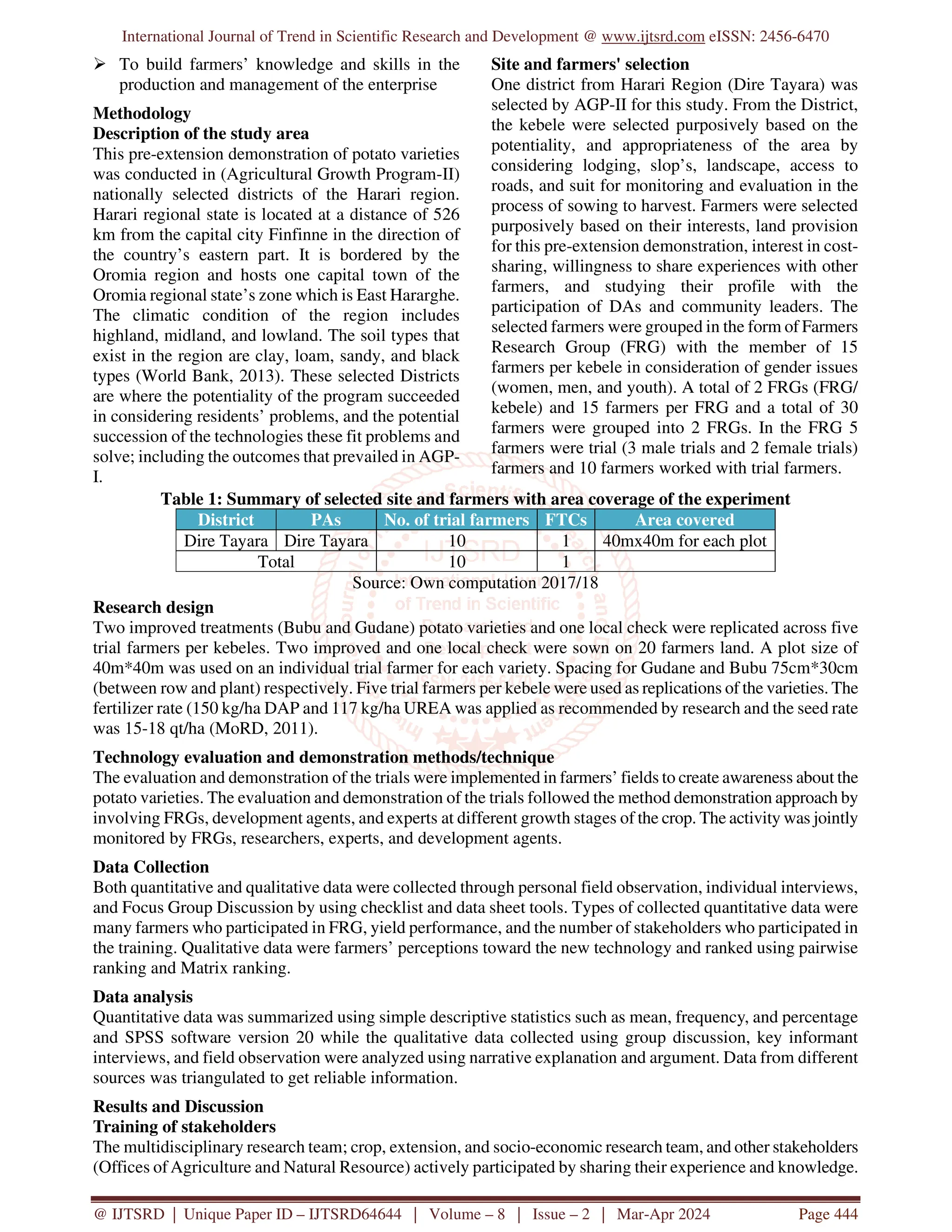 International Journal of Trend in Scientific Research and Development @ www.ijtsrd.com eISSN: 2456-6470
@ IJTSRD | Unique Paper ID – IJTSRD64644 | Volume – 8 | Issue – 2 | Mar-Apr 2024 Page 444
 To build farmers’ knowledge and skills in the
production and management of the enterprise
Methodology
Description of the study area
This pre-extension demonstration of potato varieties
was conducted in (Agricultural Growth Program-II)
nationally selected districts of the Harari region.
Harari regional state is located at a distance of 526
km from the capital city Finfinne in the direction of
the country’s eastern part. It is bordered by the
Oromia region and hosts one capital town of the
Oromia regional state’s zone which is East Hararghe.
The climatic condition of the region includes
highland, midland, and lowland. The soil types that
exist in the region are clay, loam, sandy, and black
types (World Bank, 2013). These selected Districts
are where the potentiality of the program succeeded
in considering residents’ problems, and the potential
succession of the technologies these fit problems and
solve; including the outcomes that prevailed in AGP-
I.
Site and farmers' selection
One district from Harari Region (Dire Tayara) was
selected by AGP-II for this study. From the District,
the kebele were selected purposively based on the
potentiality, and appropriateness of the area by
considering lodging, slop’s, landscape, access to
roads, and suit for monitoring and evaluation in the
process of sowing to harvest. Farmers were selected
purposively based on their interests, land provision
for this pre-extension demonstration, interest in cost-
sharing, willingness to share experiences with other
farmers, and studying their profile with the
participation of DAs and community leaders. The
selected farmers were grouped in the form of Farmers
Research Group (FRG) with the member of 15
farmers per kebele in consideration of gender issues
(women, men, and youth). A total of 2 FRGs (FRG/
kebele) and 15 farmers per FRG and a total of 30
farmers were grouped into 2 FRGs. In the FRG 5
farmers were trial (3 male trials and 2 female trials)
farmers and 10 farmers worked with trial farmers.
Table 1: Summary of selected site and farmers with area coverage of the experiment
District PAs No. of trial farmers FTCs Area covered
Dire Tayara Dire Tayara 10 1 40mx40m for each plot
Total 10 1
Source: Own computation 2017/18
Research design
Two improved treatments (Bubu and Gudane) potato varieties and one local check were replicated across five
trial farmers per kebeles. Two improved and one local check were sown on 20 farmers land. A plot size of
40m*40m was used on an individual trial farmer for each variety. Spacing for Gudane and Bubu 75cm*30cm
(between row and plant) respectively. Five trial farmers per kebele were used as replications of the varieties. The
fertilizer rate (150 kg/ha DAP and 117 kg/ha UREA was applied as recommended by research and the seed rate
was 15-18 qt/ha (MoRD, 2011).
Technology evaluation and demonstration methods/technique
The evaluation and demonstration of the trials were implemented in farmers’ fields to create awareness about the
potato varieties. The evaluation and demonstration of the trials followed the method demonstration approach by
involving FRGs, development agents, and experts at different growth stages of the crop. The activity was jointly
monitored by FRGs, researchers, experts, and development agents.
Data Collection
Both quantitative and qualitative data were collected through personal field observation, individual interviews,
and Focus Group Discussion by using checklist and data sheet tools. Types of collected quantitative data were
many farmers who participated in FRG, yield performance, and the number of stakeholders who participated in
the training. Qualitative data were farmers’ perceptions toward the new technology and ranked using pairwise
ranking and Matrix ranking.
Data analysis
Quantitative data was summarized using simple descriptive statistics such as mean, frequency, and percentage
and SPSS software version 20 while the qualitative data collected using group discussion, key informant
interviews, and field observation were analyzed using narrative explanation and argument. Data from different
sources was triangulated to get reliable information.
Results and Discussion
Training of stakeholders
The multidisciplinary research team; crop, extension, and socio-economic research team, and other stakeholders
(Offices ofAgriculture and Natural Resource) actively participated by sharing their experience and knowledge.
 