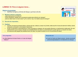 LÁMINA 19: Pero si alguien tiene...
Objetivo de aprendizaje:
1.- Muestre la lámina y pregunte:
¿Qué observamos en la lámina?
¿Qué se debe hacer en esos casos? ¿En su barrio, hay o ha habido casos de dengue?
2.- Escuche las respuestas...
3.- Explique:
evaluarán su situación y le brindarán tratamiento.
• Acudir a la farmacia y automedicarse en caso de dengue es riesgoso, por que puede ofrecerse un medicamento inadecuado. No usar
medicamentos que no hayan indicado en el establecimiento de salud. La automedicación puede agravar su situación de salud.
• Si la persona está alejada del establecimiento de salud, se puede contactar con el o la promotora de salud.
Responda así:
a) Acudir al Centro de Salud cercano, donde encontrará
personal especializado en el tratamiento de dengue.
Si le preguntan:
a) ¿Qué debemos de hacer frente a un caso de dengue
Clásico?
MINISTERIO DE SALUD
 