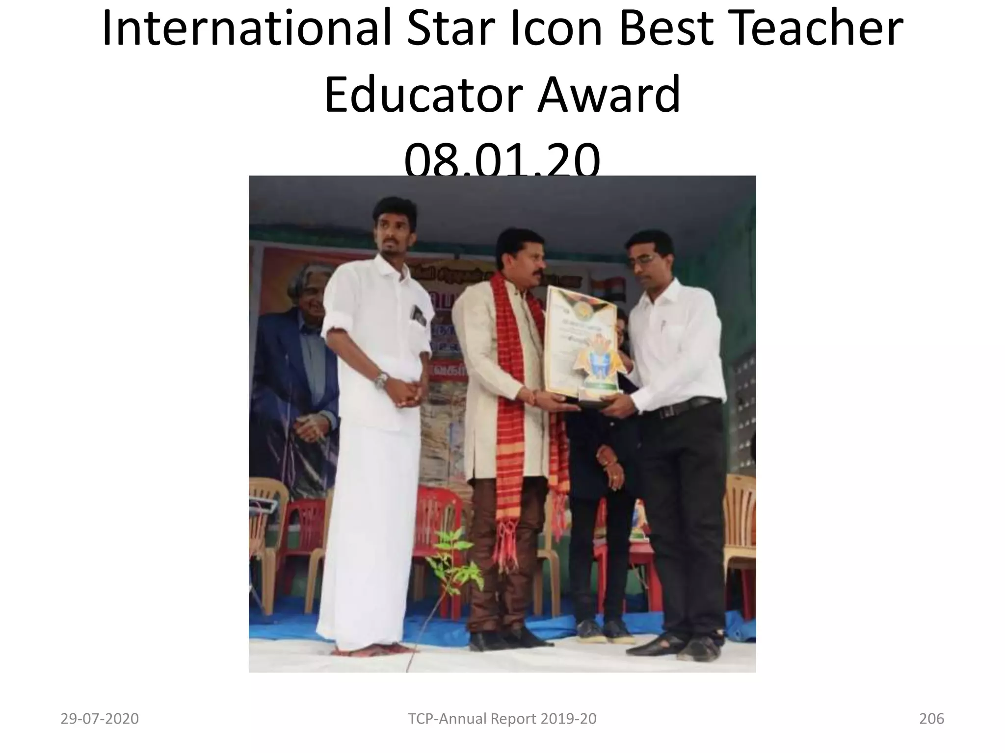 International Star Icon Best Teacher
Educator Award
08.01.20
29-07-2020 TCP-Annual Report 2019-20 206
 