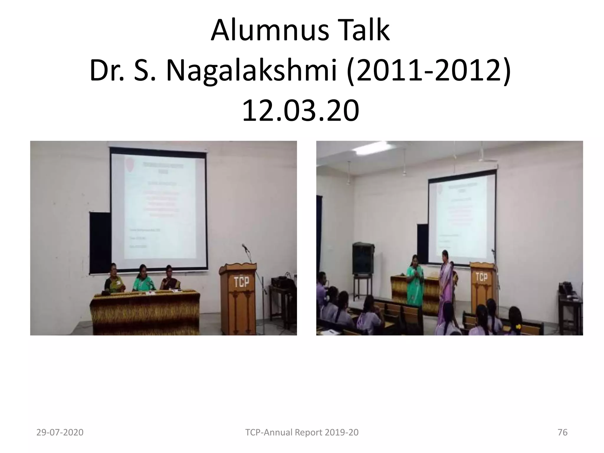 Alumnus Talk
Dr. S. Nagalakshmi (2011-2012)
12.03.20
29-07-2020 TCP-Annual Report 2019-20 76
 
