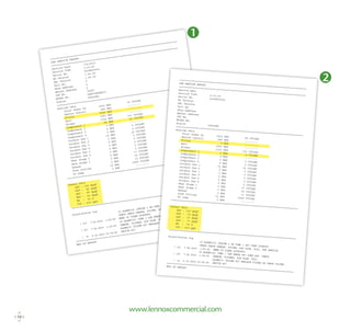 www.lennoxcommercial.com
10
2
1
=========================================================================================
USB SERVICE REPORT
=========================================================================================
Service Date	
7/4/2010
Service Time	
3:15:00
Serial No.	
5609K00002
M2 Version	
7.06.00
DB1 Version	
1.06.00
Unit No.	
2
Sbus Address	
2
BACnet Address	
2
CAT No.	
36L87
MODEL NO.	
LGH036H4ES1Y
Status	
COOLING
=========================================================================================
Runtime Data
Total Power On		
1832 HRS	
79 CYCLES
Before Install		
286 HRS	
---------
Filter		
2040 HRS	
---------
Belt		
1063 HRS	
---------
Blower		
1162 HRS	
131 CYCLES
Compressor 1		
46 HRS	
66 CYCLES
Compressor 2		
0 HRS	
---------
Compressor 3		
0 HRS	
0 CYCLES
Compressor 4		
0 HRS	
0 CYCLES
Outdoor Fan 1		
14 HRS	
32 CYCLES
Outdoor Fan 2		
0 HRS	
2 CYCLES
Outdoor Fan 3		
0 HRS	
0 CYCLES
Outdoor Fan 4		
0 HRS	
0 CYCLES
Outdoor Fan 5		
0 HRS	
0 CYCLES
Outdoor Fan 6		
0 HRS	
0 CYCLES
Heat Stage 1		
5 HRS	
17 CYCLES
Heat Stage 2		
0 HRS	
16 CYCLES
Reheat		
2 HRS	
13 CYCLES
Free Cooling		
15 HRS	
1608 CYCLES
UV Lamp		
0 HRS	
---------
=========================================================================================
Sensor Data
OAT :	100 degF
RAT :	 85 degF
DAT :	 86 degF
ZAT :	 83 degF
RH : 60 %
CO2 : 415 ppm
=========================================================================================
Alarm/Status Log
			
23 ALARM(23) STRIKE 3 ON COMP 1 S87 COMP LOCKOUT.
			
CHECK CHECK CHARGE, FILTER, AIR FLOW, COIL, USE SERVICE
( 23) 7.04.2010 1:05:00	 MENU TO CLEAR LOCKOUTS.
			
22 ALARM(22) COMP 1 LOW PRESS S87 COMP OFF. CHECK
( 22) 7.04.2010 1:00:00	 CHARGE, FILTERS, AIR FLOW. COIL
				
ALARM(5) FILTER S27 REPLACE FILTER OR CHECK FILTER
( 5) 6.30.2010 21:05:00	 SWITCH S27
=========================================================================================
END OF REPORT
=========================================================================================
USB SERVICE REPORT
=========================================================================================
Service Date	
Service Time	 4:23:00Serial No.	 5609K00002M2 Version	
DB1 Version	
Unit No.	
Sbus Address	
BACnet Address	
CAT No.	
MODEL NO.	
Status	
COOLING=========================================================================================
Runtime Data
Total Power On		 1832 HRS	 80 CYCLES
Before Install		 286 HRS	 ---------
Filter
		 0 HRS	 ---------
Belt
		 1063 HRS	 ---------
Blower
		 1162 HRS	 131 CYCLES
Compressor 1		 0 HRS	 0 CYCLES
Compressor 2		 0 HRS	 ---------
Compressor 3		 0 HRS	 0 CYCLES
Compressor 4		 0 HRS	 0 CYCLES
Outdoor Fan 1		 14 HRS	 32 CYCLES
Outdoor Fan 2		 0 HRS	 2 CYCLES
Outdoor Fan 3		 0 HRS	 0 CYCLES
Outdoor Fan 4		 0 HRS	 0 CYCLES
Outdoor Fan 5		 0 HRS	 0 CYCLES
Outdoor Fan 6		 0 HRS	 0 CYCLES
Heat Stage 1		 5 HRS	 17 CYCLES
Heat Stage 2		 0 HRS	 16 CYCLES
Reheat
		 2 HRS	 13 CYCLES
Free Cooling		 15 HRS	 1608 CYCLES
UV Lamp		 0 HRS	 ---------
=========================================================================================
Sensor Data
OAT :	100 degF
RAT :	 76 degF
DAT :	 57 degF
ZAT :	 77 degF
RH : 50 %
CO2 : 415 ppm
=========================================================================================
Alarm/Status Log
			 23 ALARM(23) STRIKE 3 ON COMP 1 S87 COMP LOCKOUT.
			 CHECK CHECK CHARGE, FILTER, AIR FLOW, COIL, USE SERVICE
( 23) 7.04.2010 1:05:00	 MENU TO CLEAR LOCKOUTS.			 22 ALARM(22) COMP 1 LOW PRESS S87 COMP OFF. CHECK
( 22) 7.04.2010 1:00:00	 CHARGE, FILTERS, AIR FLOW. COIL				 ALARM(5) FILTER S27 REPLACE FILTER OR CHECK FILTER
( 5) 6.30.2010 21:05:00	 SWITCH S27=========================================================================================
END OF REPORT
 