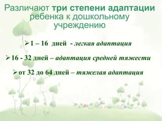 1 – 16 дней - легкая адаптация
16 - 32 дней – адаптация средней тяжести
от 32 до 64 дней – тяжелая адаптация
Различают три степени адаптации
ребенка к дошкольному
учреждению
 