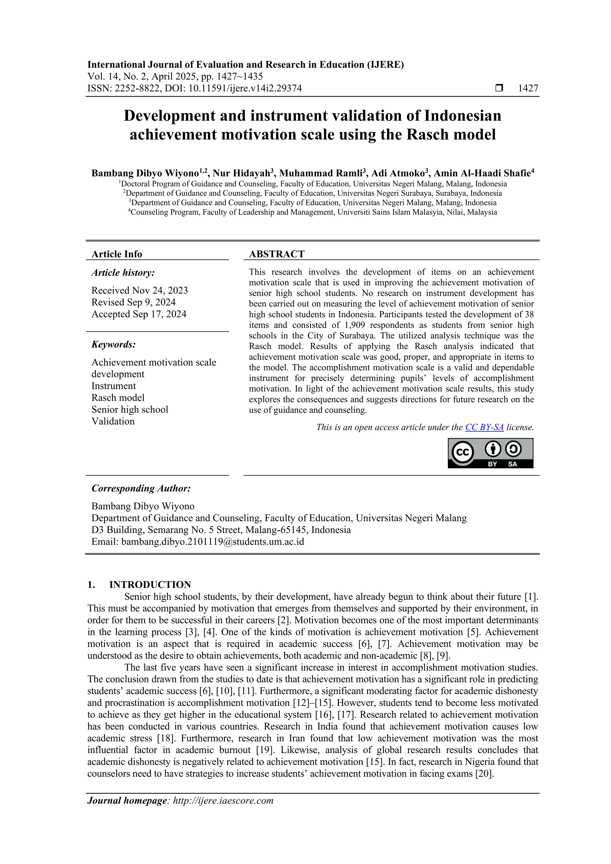 Development and instrument validation of Indonesian achievement ...
