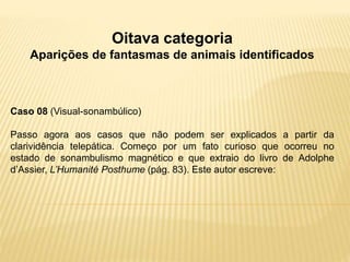 Oitava categoria
Aparições de fantasmas de animais identificados
Caso 08 (Visual-sonambúlico)
Passo agora aos casos que não podem ser explicados a partir da
clarividência telepática. Começo por um fato curioso que ocorreu no
estado de sonambulismo magnético e que extraio do livro de Adolphe
d’Assier, L’Humanité Posthume (pág. 83). Este autor escreve:
 
