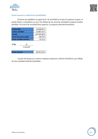Punto muerto o umbral de rentabilidad.

       El punto de equilibrio es aquel nivel de actividad en el que la empresa ni gana, ni
pierde dinero, su beneficio es cero. Por debajo de ese nivel de actividad la empresa tendría
pérdidas. Si el nivel de actividad fuera superior, la empresa obtendría beneficios.

Costes fijos                    52.668,05 €
Costes variables                52.807,53 €
Ventas                         127.325,00 €
Precio de venta medio               89,73 €
Coste variable unitario             37,21 €

P*Q=                   Cf
                   1-(Cvu/P)

Punto muerto                    89.991,79 €


        A partir de 89.991,79 € nuestra empresa empezará a obtener beneficios, por debajo
de esta cantidad tendremos pérdidas.




Políticas de marketing                                                                         49
 