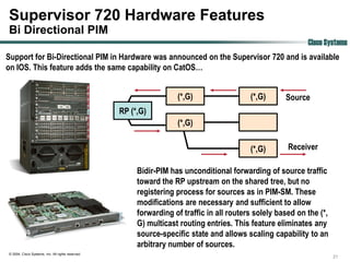 Supervisor 720 Hardware Features
Bi Directional PIM
                                                                                                             Cisco Systems
Support for Bi-Directional PIM in Hardware was announced on the Supervisor 720 and is available
on IOS. This feature adds the same capability on CatOS…


                                                                    (*,G)                  (*,G)      Source
                                                   RP (*,G)
                                                                    (*,G)

                                                                                           (*,G)       Receiver

                                                        Bidir-PIM has unconditional forwarding of source traffic
                                                        toward the RP upstream on the shared tree, but no
                                                        registering process for sources as in PIM-SM. These
                                                        modifications are necessary and sufficient to allow
                                                        forwarding of traffic in all routers solely based on the (*,
                                                        G) multicast routing entries. This feature eliminates any
                                                        source-specific state and allows scaling capability to an
                                                        arbitrary number of sources.
© 2004, Cisco Systems, Inc. All rights reserved.
                                                                                                                       21
 