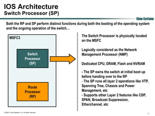 IOS Architecture
Switch Processor (SP)
                                                                                        Cisco Systems
   Both the RP and SP perform distinct functions during both the booting of the operating system
   and the ongoing operation of the switch…
                                                     The Switch Processor is physically located
        MSFC3
                                                     on the MSFC

                                                     Logically considered as the Network
                                Switch               Management Processor (NMP)
                               Processor
                                  (SP)               Dedicated CPU, DRAM, Flash and NVRAM

                                                     - The SP owns the switch at initial boot up
                                                     before handing over to the RP
                                                     - The SP runs all layer 2 operations like VTP,
                                 Route               Spanning Tree, Chassis and Power
                               Processor             Management, etc
                                  (RP)               - Supports other Layer 2 features like CDP,
                                                     SPAN, Broadcast Suppression,
                                                     Etherchannel, etc
© 2004, Cisco Systems, Inc. All rights reserved.
                                                                                                  37
 