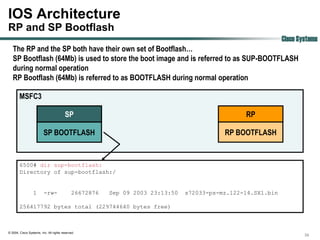 IOS Architecture
RP and SP Bootflash
                                                                                                             Cisco Systems
   The RP and the SP both have their own set of Bootflash…
   SP Bootflash (64Mb) is used to store the boot image and is referred to as SUP-BOOTFLASH
   during normal operation
   RP Bootflash (64Mb) is referred to as BOOTFLASH during normal operation

        MSFC3

                                         SP                                                     RP

                         SP BOOTFLASH                                                     RP BOOTFLASH


        6500# dir sup-bootflash:
        Directory of sup-bootflash:/


                  1      -rw-                26672876   Sep 09 2003 23:13:50   s72033-ps-mz.122-14.SX1.bin

        256417792 bytes total (229744640 bytes free)



© 2004, Cisco Systems, Inc. All rights reserved.
                                                                                                                     39
 