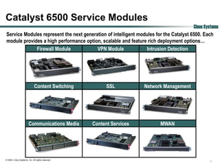 Catalyst 6500 Service Modules
                                                                                       Cisco Systems
Service Modules represent the next generation of intelligent modules for the Catalyst 6500. Each
module provides a high performance option, scalable and feature rich deployment options…
             Firewall Module             VPN Module             Intrusion Detection




                              Content Switching          SSL          Network Management




                        Communications Media       Content Services         MWAN




© 2004, Cisco Systems, Inc. All rights reserved.
                                                                                                7
 